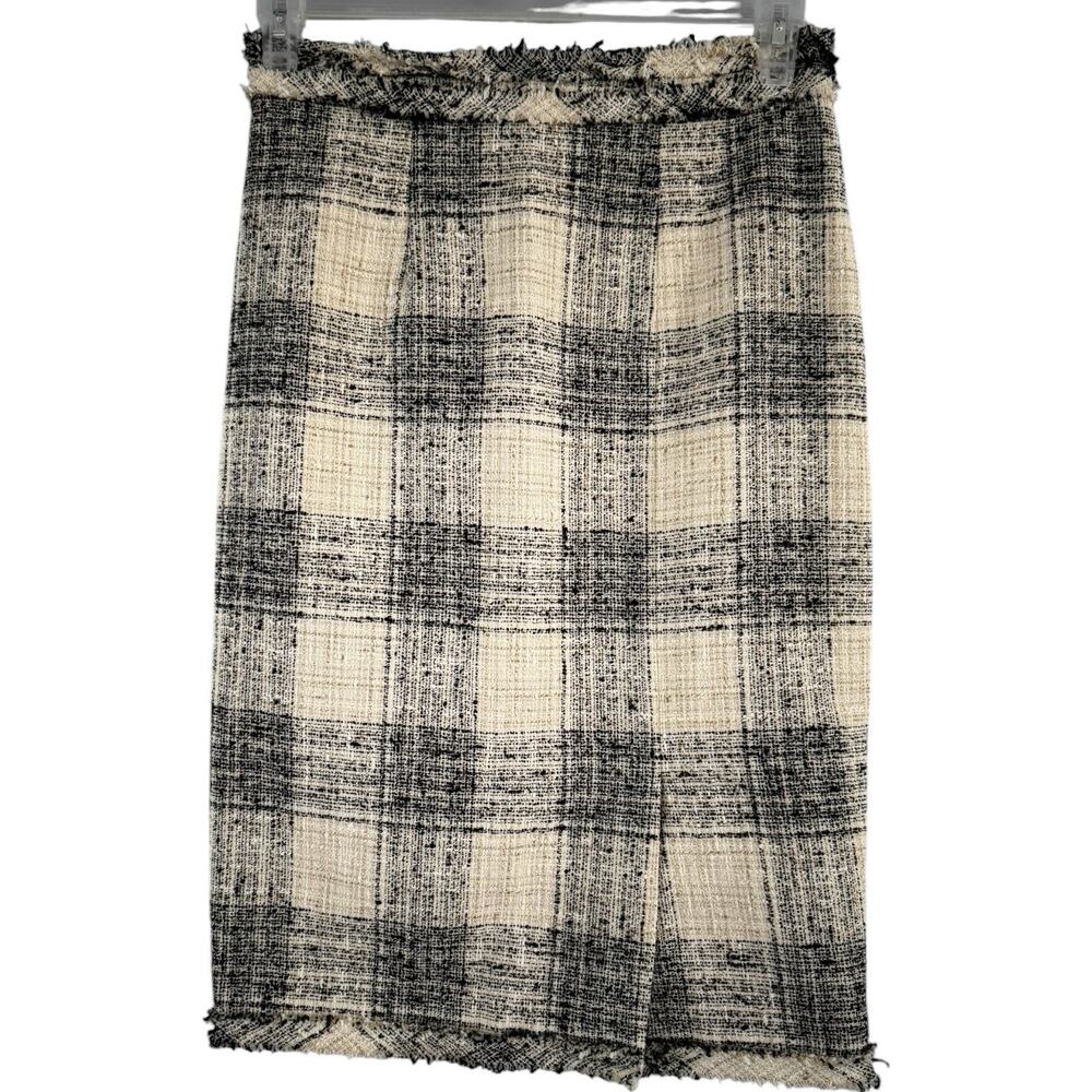 The Fold London Black Beige Tweed Plaid Midi Fringe Pencil Skirt Women’s Size 6